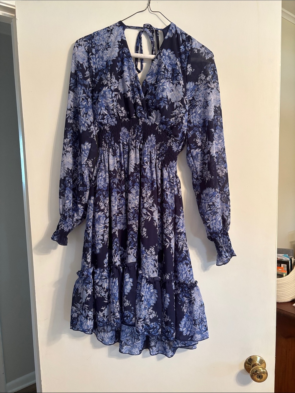 Navy Blue Floral Long-Sleeve V-Neck Dress
